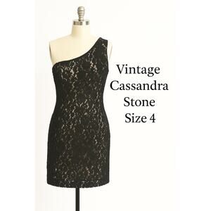 Vintage Cassandra Stone One Shoulder Beaded Lace Dress Black Cream Sz 4